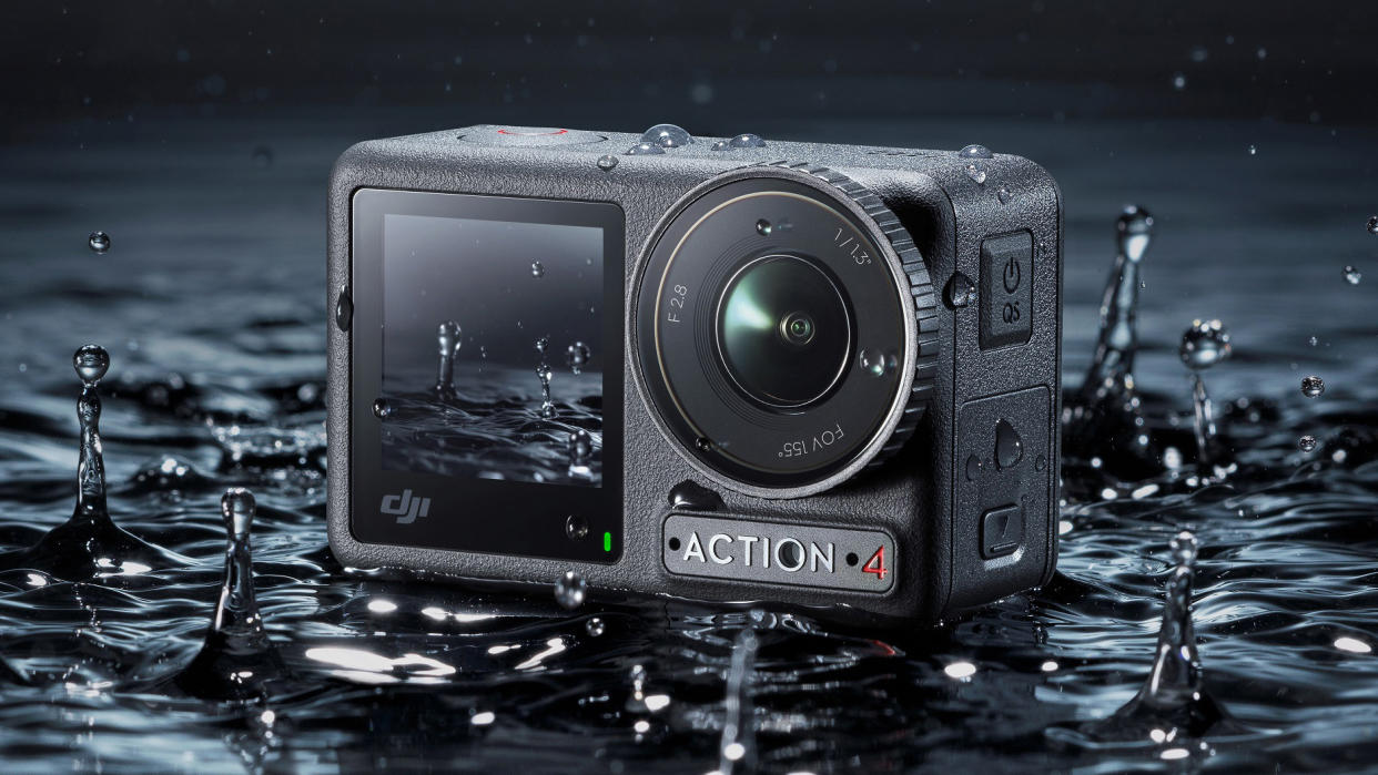  The DJI Osmo Action 4 action cam being splashed with water. 