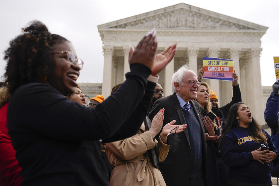 Sen. Bernie Sanders, I-Vt., attends a rally for student debt relief advocates outside the Supreme Court on Capitol Hill in Washington, Tuesday, Feb. 28, 2023, as the court hears arguments over President Joe Biden's student debt relief plan. (AP Photo/Patrick Semansky)