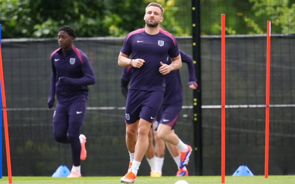 Luke Shaw during an England training session in Blankenhain, Germany/Gareth Southgate's Euro 2024 plan at risk because of Luke Shaw injury