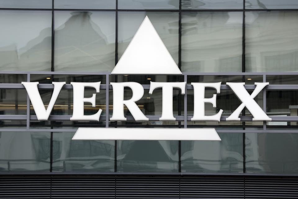 The Vertex Pharmaceuticals logo is seen, Friday, March 17, 2023, in Boston. (AP Photo/Michael Dwyer)