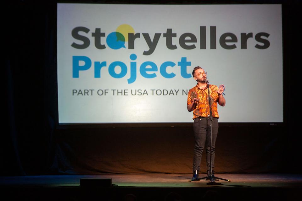 Blake Carlson performs at the "Growing Up" themed Storytellers event at Hoyt Sherman Place in Des Moines, Tuesday, April 26, 2022.