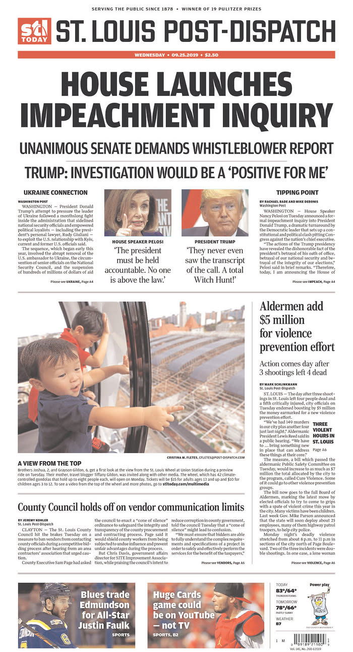 House Launches Impeachment Inquiry St. Louis Post-Dispatch Published in St. Louis, Mo. USA. (newseum.org)