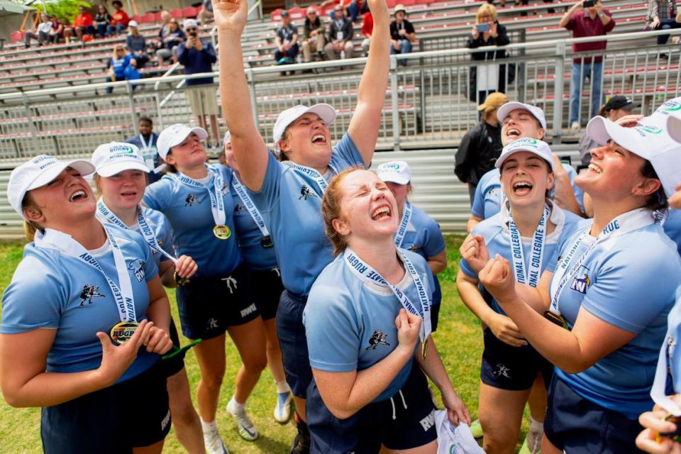 The Roger Williams University women's rugby team celebrates its national championship. The Hawks went a perfect 4-0 in the championships, and beat Colorado School of Mines to close out a perfect run.