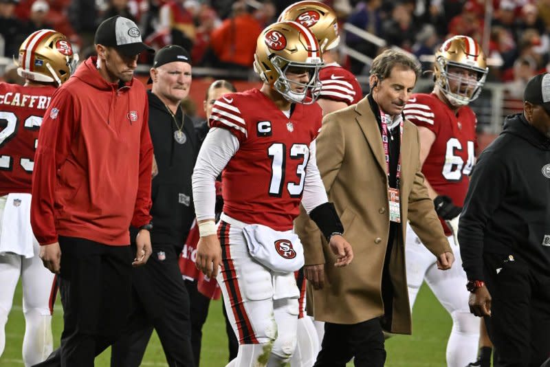 San Francisco 49ers quarterback Brock Purdy walks off the field after being injured in the fourth quarter against the Baltimore Ravens on Monday at Levi's Stadium in Santa Clara, Calif. Photo by Terry Schmitt/UPI