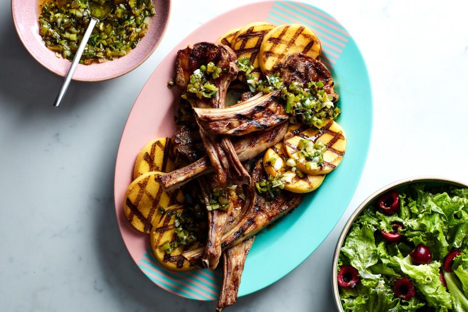 Lamb Chops with Polenta and Grilled Scallion Sauce