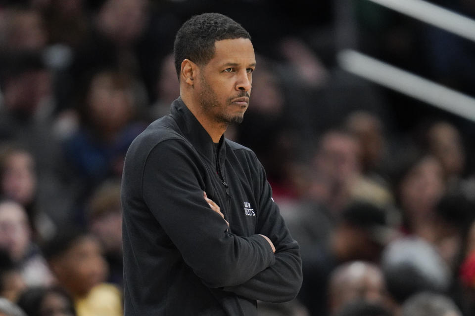 Houston Rockets head coach Stephen Silas looks on during the first half of an NBA basketball game against the Washington Wizards, Sunday, April 9, 2023, in Washington. (AP Photo/Jess Rapfogel)