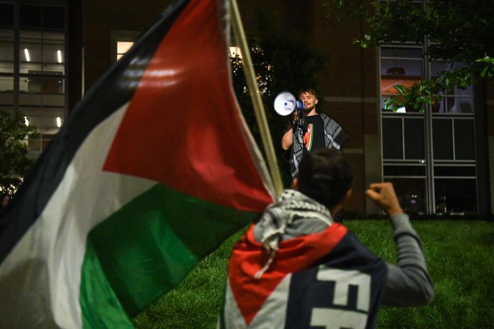 Pro-Palestinian students and community members gather May 10 on the lawn in front of the University of Tennessee Student Union.