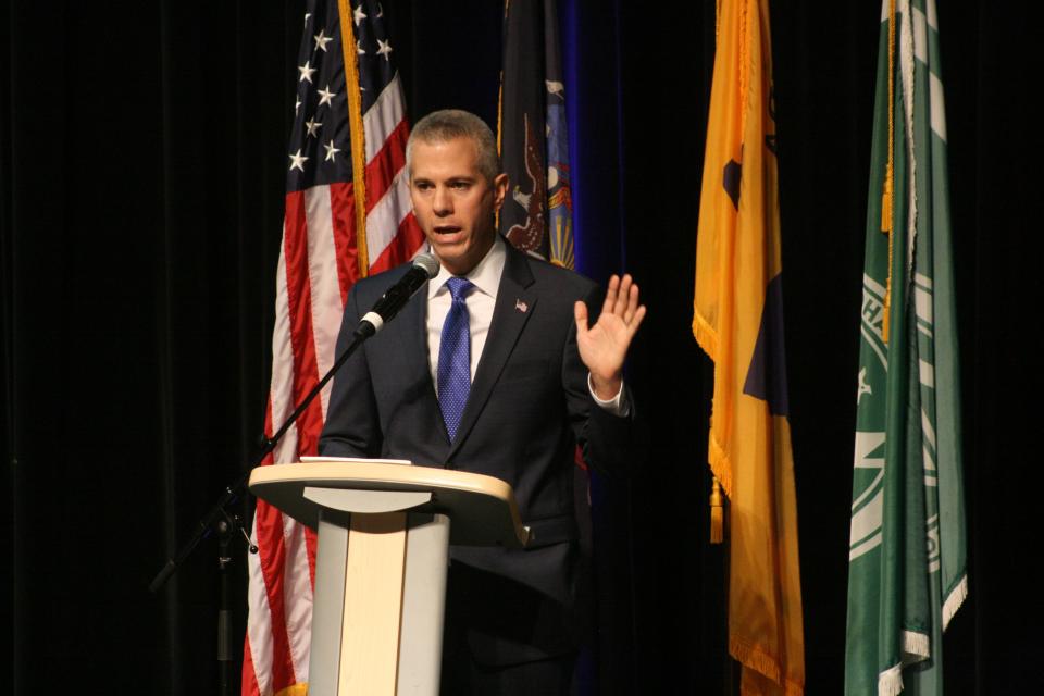 U.S. Rep. Anthony Brindisi, D-Utica, speaks during a debate in the race for New York's 22nd Congressional District at Mohawk Valley Community College on Oct. 26.