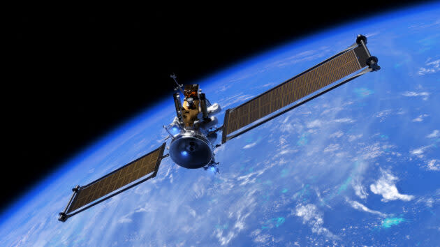 An artist’s conception shows the Blue Ring logistics vehicle in orbit. (Blue Origin Illustration)