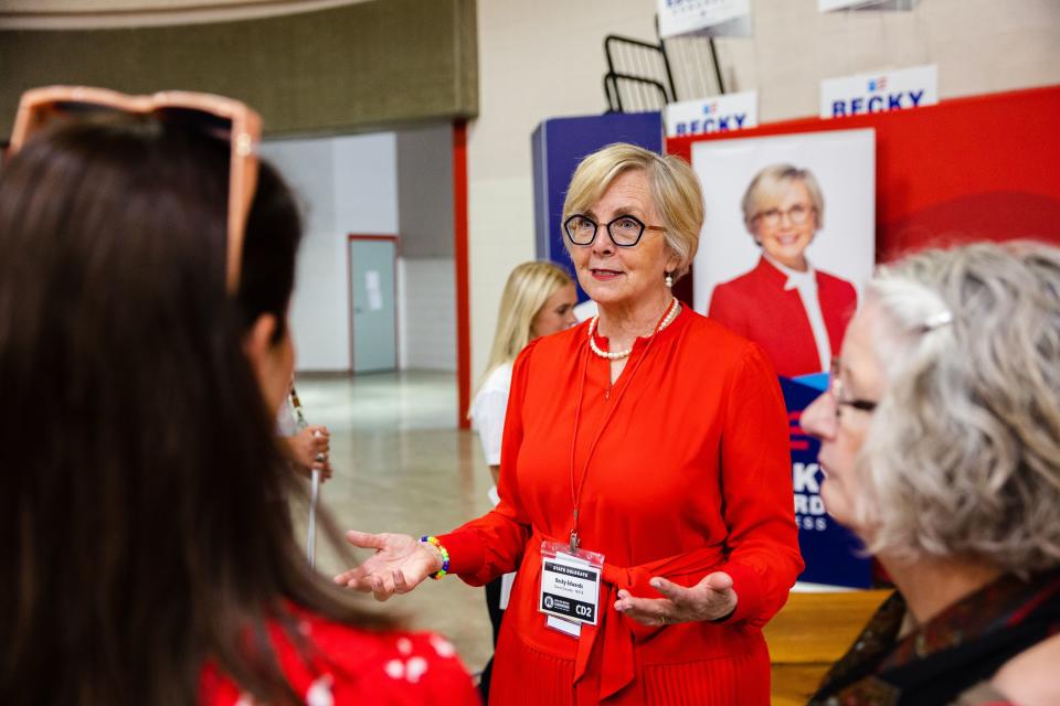 Utah Congressional 2nd District candidate Becky Edwards speaks with delegates during the Utah Republican Party’s special election at Delta High School in Delta on June 24, 2023. | Ryan Sun, Deseret News