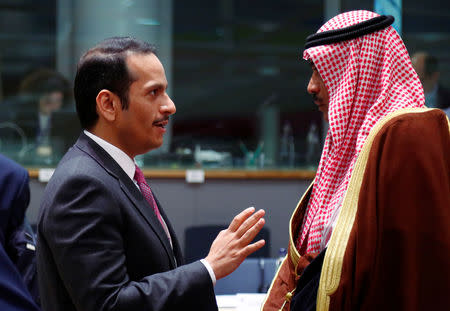 Qatar's Foreign Minister Sheikh Mohammed bin Abdulrahman bin Jassim Al-Thani and Kuwait's Foreign Minister Sheikh Sabah Al-Khalid Al-Sabah attend an international peace and donor conference for Syria, at the European Union Council in Brussels, Belgium March 14, 2019. REUTERS/Francois Lenoir
