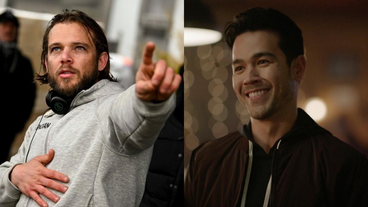  From left to right: Max Thieriot pointing and Kanoa Goo smiling. 