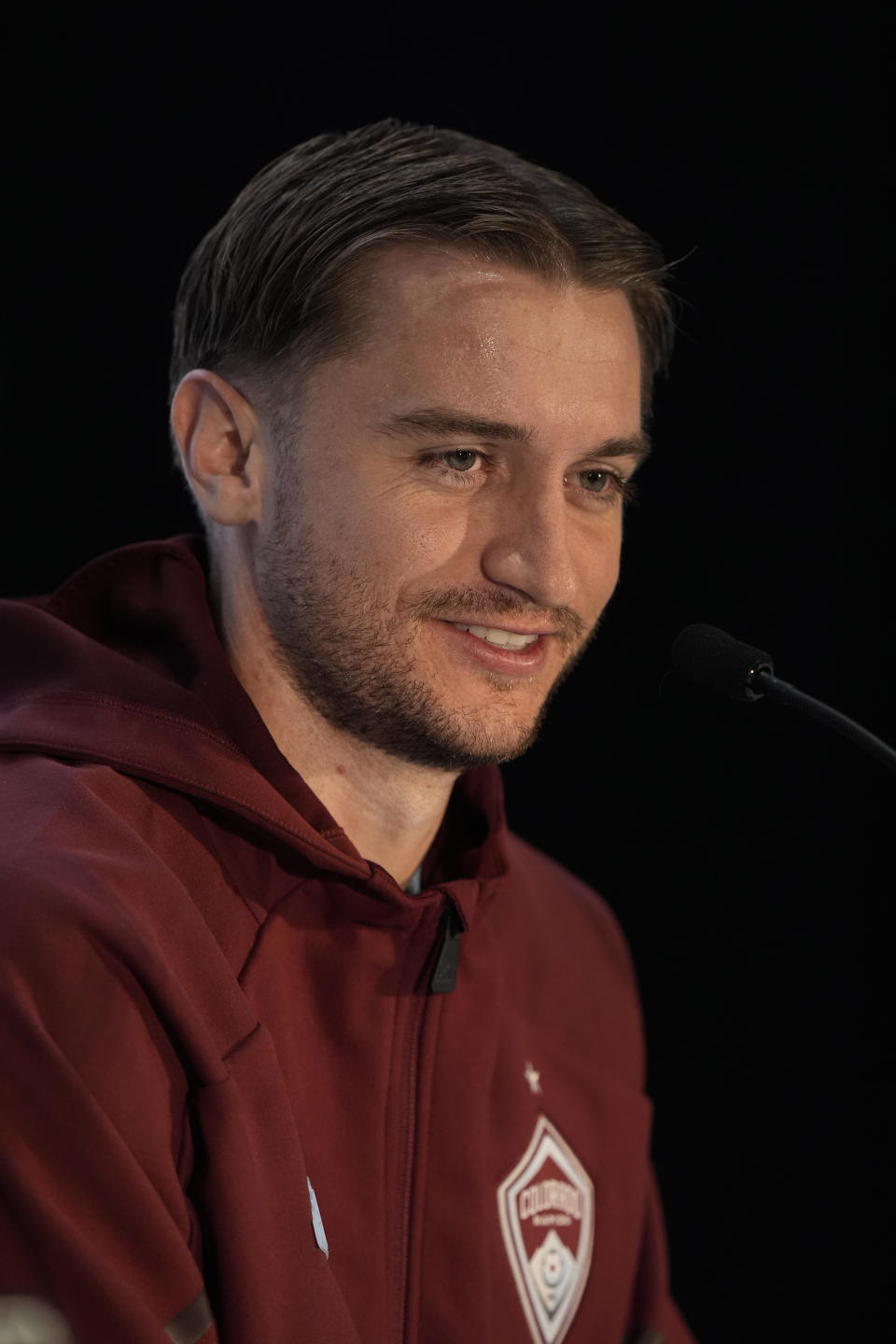 Colorado Rapids midfielder Djordje Mihailovic speaks during a news conference at the Major League Soccer 2024 Media Day, Thursday, Jan. 11, 2024, in Miami Beach, Fla. (AP Photo/Wilfredo Lee)