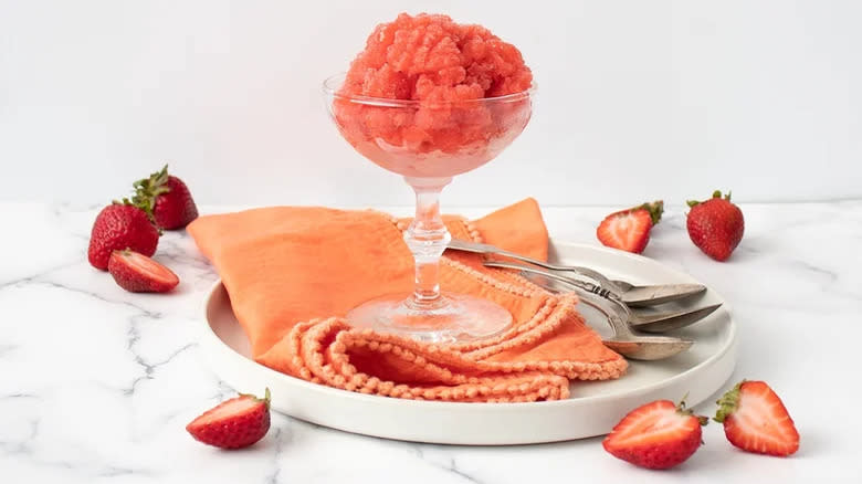 Strawberry rose granita in dish