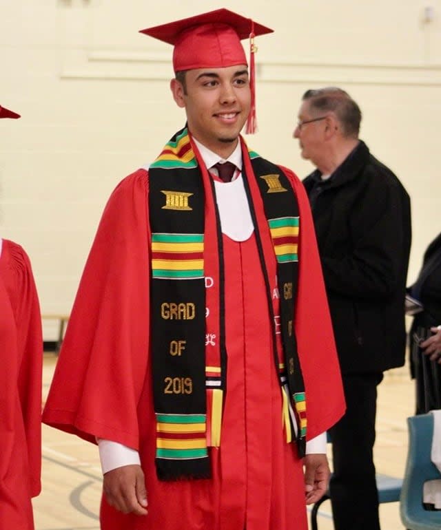 Kerwyn Currie is shown at his 2019 high school graduation. While his father, Matthew Currie, was able to attend the ceremony at Kerwyn's off-reserve high school, he was not allowed to attend a celebration for graduates on Bear River First Nation.