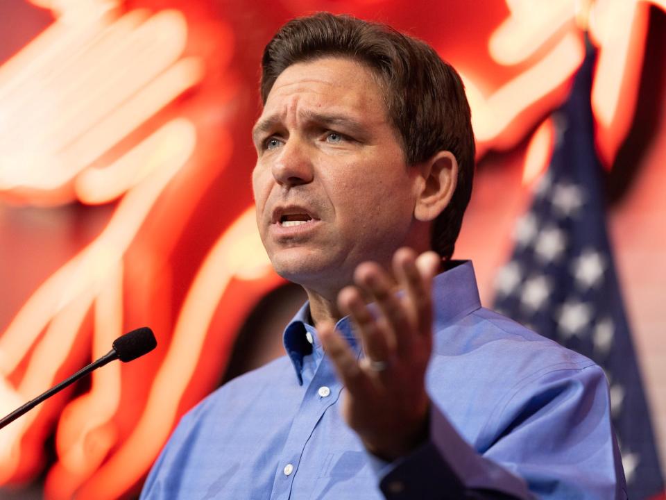 Florida Gov. Ron DeSantis speaks during the annual Feenstra Family Picnic at the Dean Family Classic Car Museum in Sioux Center, Iowa, on Saturday, May 13, 2023.