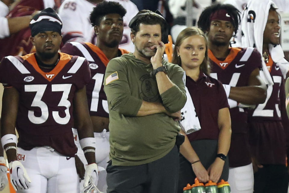 Virginia Tech coach Brent Pry watches during the first half of the team's NCAA college football game against Pittsburgh on Saturday, Sept. 30, 2023, in Blacksburg, Va. (Matt Gentry/The Roanoke Times via AP)