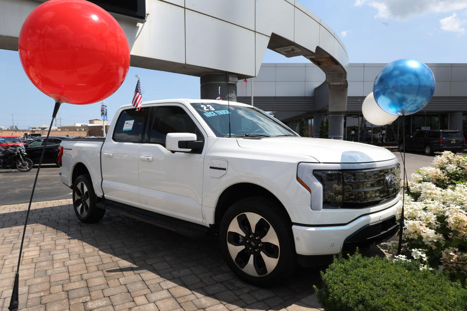 NILES, ILLINOIS - JULY 18: A 2023 Ford F-150 Lightning EV is offered for sale at Golf Mill Ford on July 18, 2023 in Niles, Illinois. Yesterday Ford announced that it was cutting prices on the Lightning truck by as much as $10,000. (Photo by Scott Olson/Getty Images)