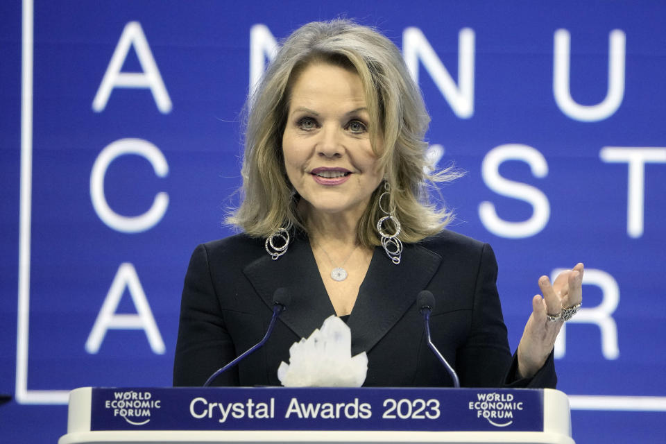 FILE - Singer Renee Fleming speaks after receiving a Crystal Award at the World Economic Forum in Davos, Switzerland, Jan. 16, 2023. (AP Photo/Markus Schreiber, File)