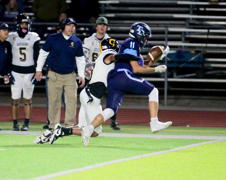 Downey receiver Ethan Woodmansee (11) makes a catch deep down the field during a game between Downey and Gregori at Downey High School in Modesto, California on October 27, 2023.