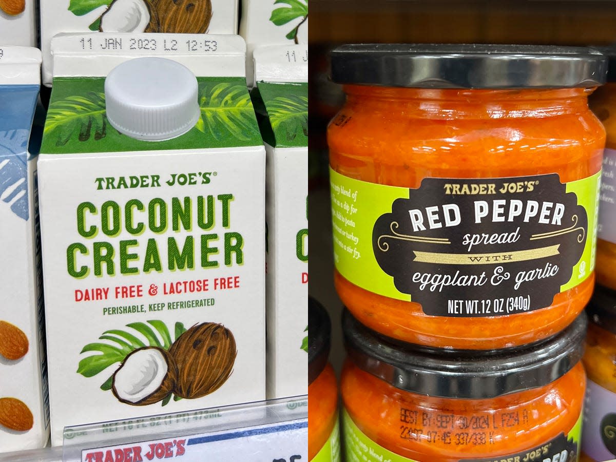 Trader Joe's coconut creamer on shelf; Trader Joe's red-pepper spread