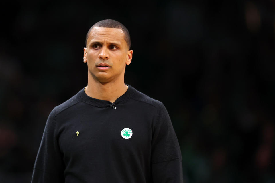 BOSTON, MASSACHUSETTS - MAY 29: Head coach Joe Mazzulla of the Boston Celtics reacts during the second quarter in game seven of the Eastern Conference Finals against the Miami Heat at TD Garden on May 29, 2023 in Boston, Massachusetts. NOTE TO USER: User expressly acknowledges and agrees that, by downloading and or using this photograph, User is consenting to the terms and conditions of the Getty Images License Agreement. (Photo by Maddie Meyer/Getty Images)