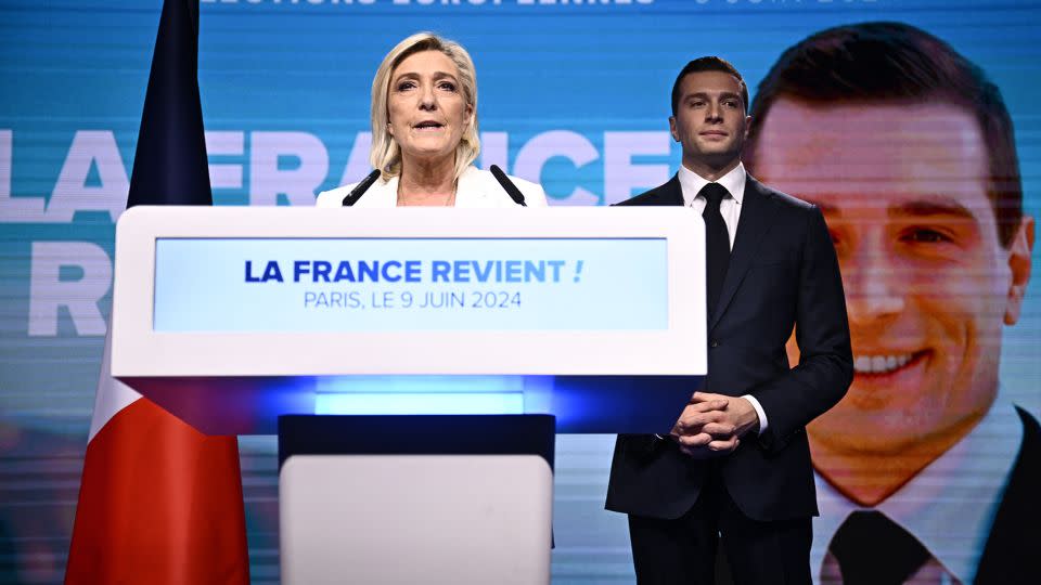 Le Pen and Bardella address a crowd of RN supporters in Paris, after Macron called a snap election, June 9, 2024. - Julien De Rosa/AFP/Getty Images