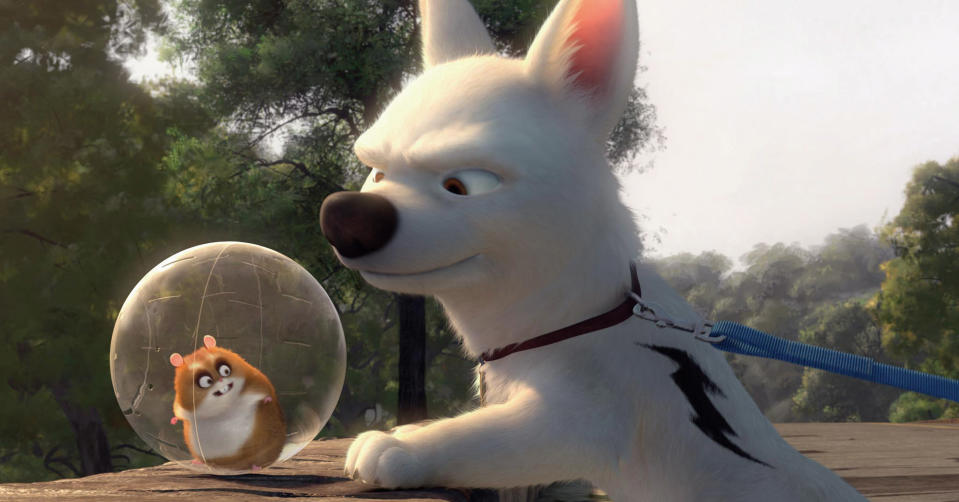 Bolt the dog and Rhino the hamster in a bubble from the animated movie "Bolt" are seen outdoors. Bolt looks at Rhino with a focused expression