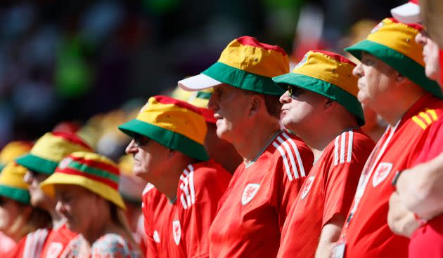 Wales fans wearing rainbow hats during the FIFA World Cup Qatar 2022 Group B match between Wales and Iran in Qatar