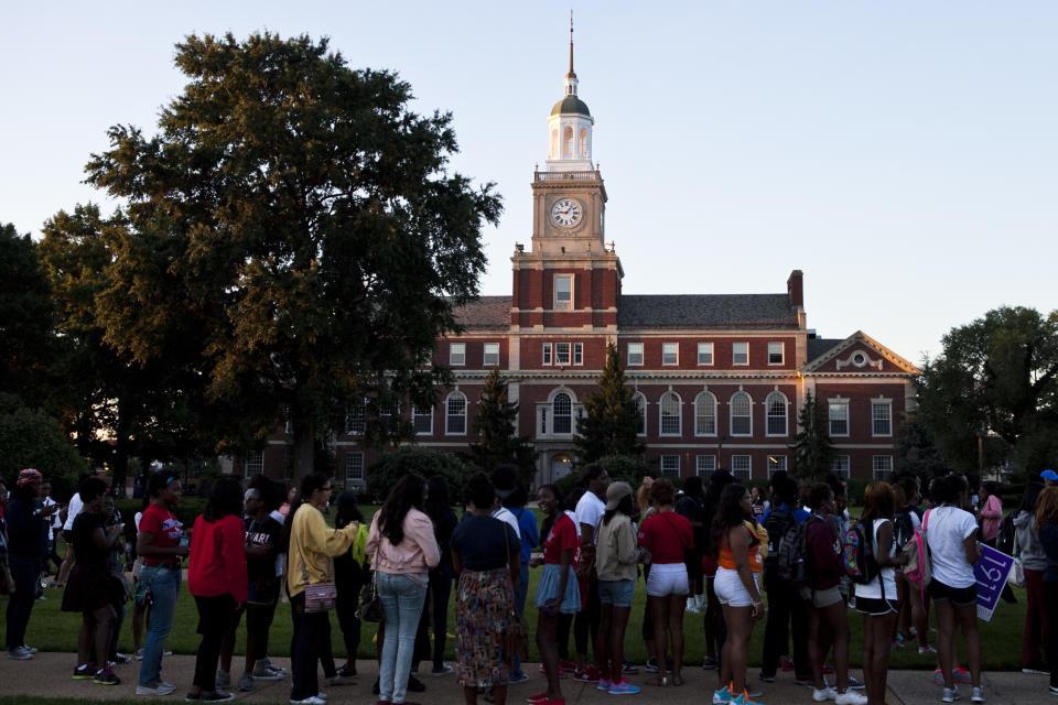 WASHINGTON, DC - AUGUST 24: Students and alumni line up to receive t-shirts and posters on the Yard at Howard University before a planned march from the campus to the Lincoln Memorial for the 50th March On Washington Anniversary in Washington, DC on August 24, 2013. (Photo by Nathaniel Grann / For The Washington Post via Getty Images)