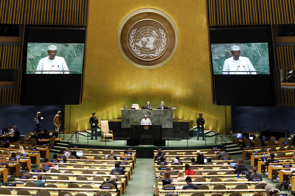Chad's President Idriss Deby Itno addresses the 74th session of the United Nations General Assembly, Wednesday, Sept. 25, 2019. (AP Photo/Richard Drew)