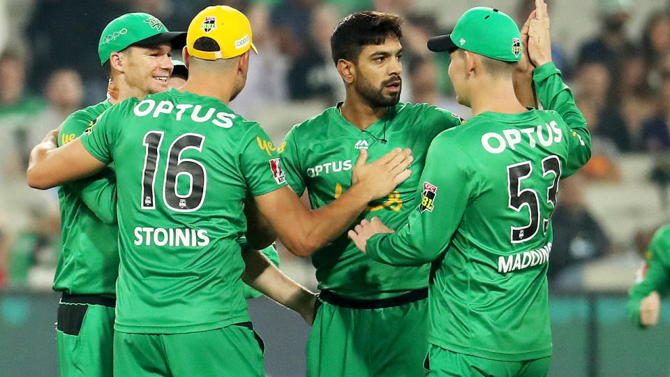 Haris Rauf and the Melbourne Stars, pictured here celebrating a wicket against the Sydney Thunder.