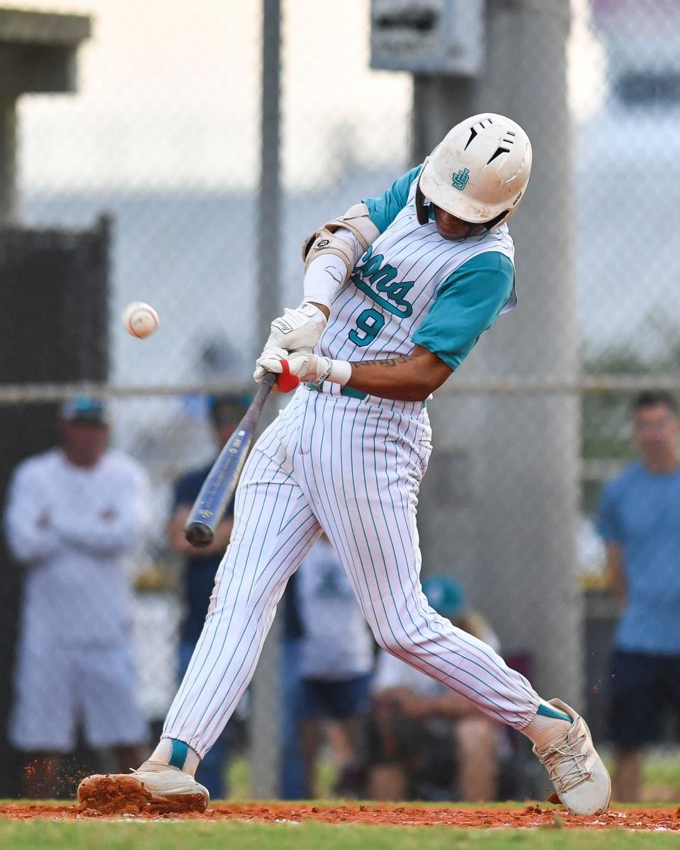 Jensen Beach's Clan Copeland (9) hits against South Fork in a high school baseball game, Wednesday, April 5, 2023, at Jensen Beach High School. Jensen Beach won 5-0.