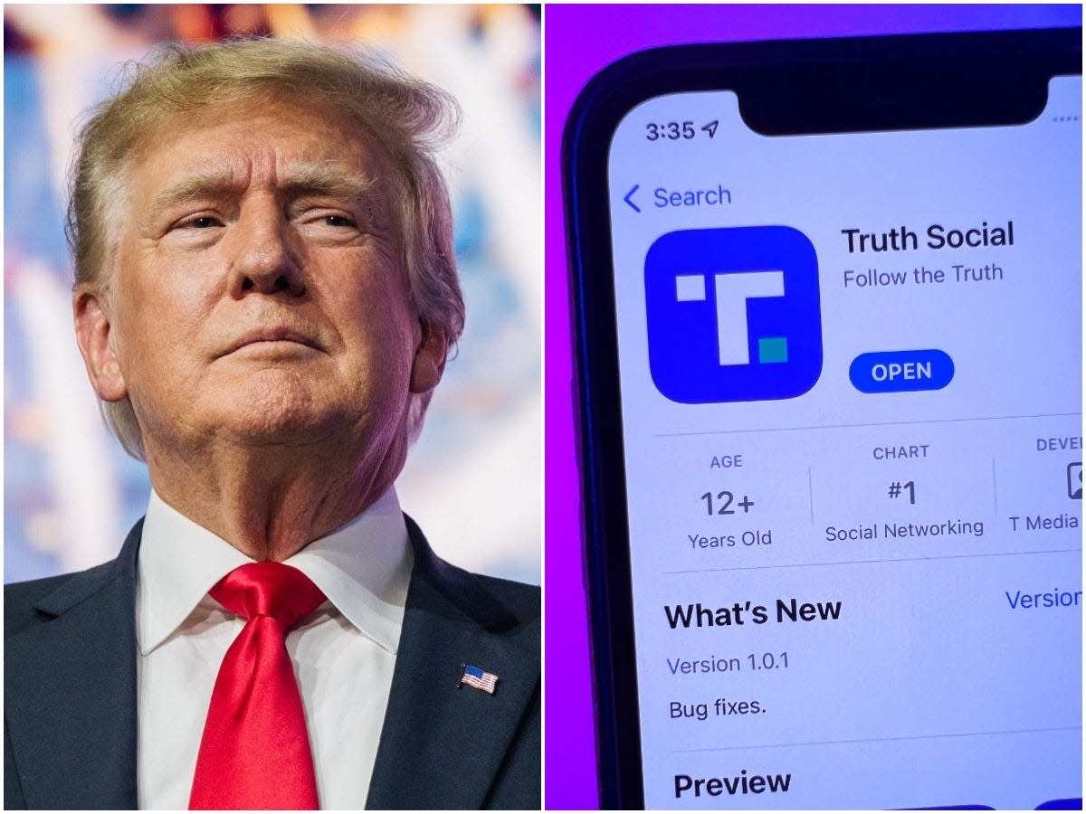 Donald Trump (left) and a phone displaying his social media app, Truth Social.