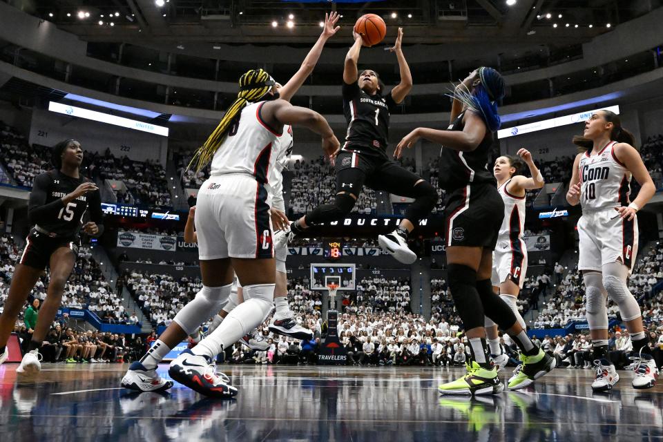 South Carolina's Zia Cooke (1) shoots in the first half of an NCAA college basketball game against UConn, Sunday, Feb. 5, 2023, in Hartford, Conn.
