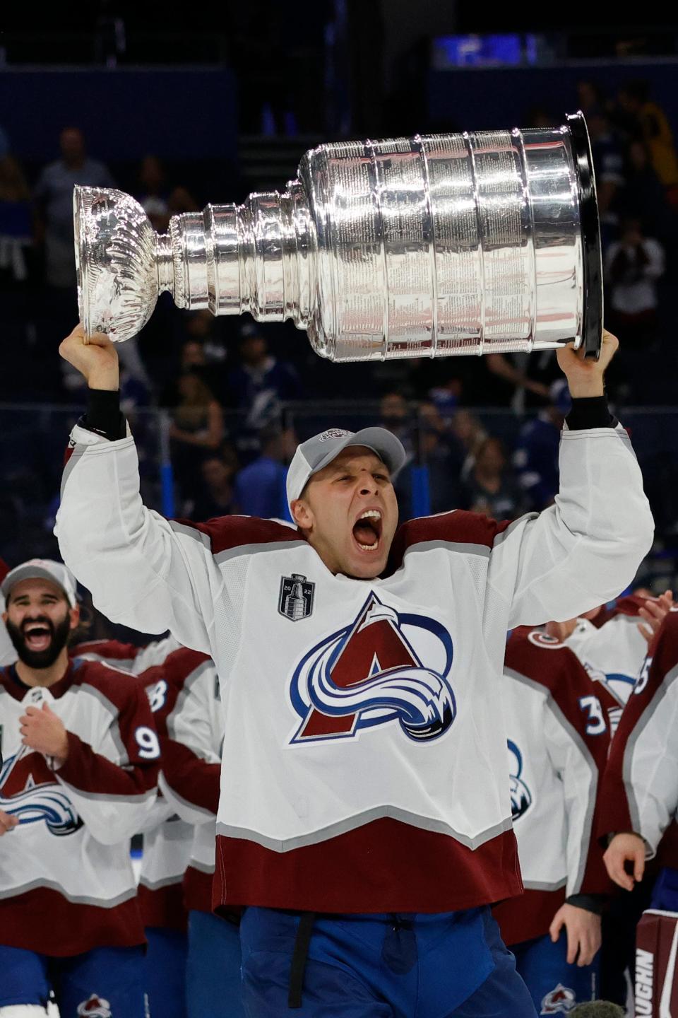 Jun 26, 2022; Tampa, Florida, USA; Colorado Avalanche defenseman Jack Johnson (3) celebrates with the Stanley Cup after the Avalanche game against the Tampa Bay Lightning in game six of the 2022 Stanley Cup Final at Amalie Arena. Mandatory Credit: Geoff Burke-USA TODAY Sports