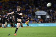 New Zealand's Jordie Barrett kicks a conversion during their Rugby Championship match against Argentina on Sunday, Sept. 12, 2021, on the Gold Coast, Australia. (AP Photo/Tertius Pickard)