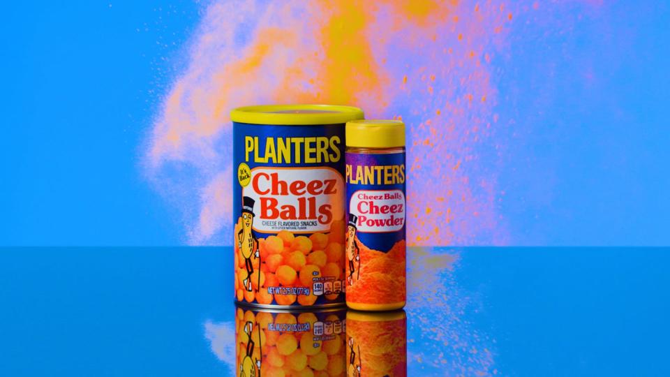 Planters Cheez Balls and Cheez Powder on blue background