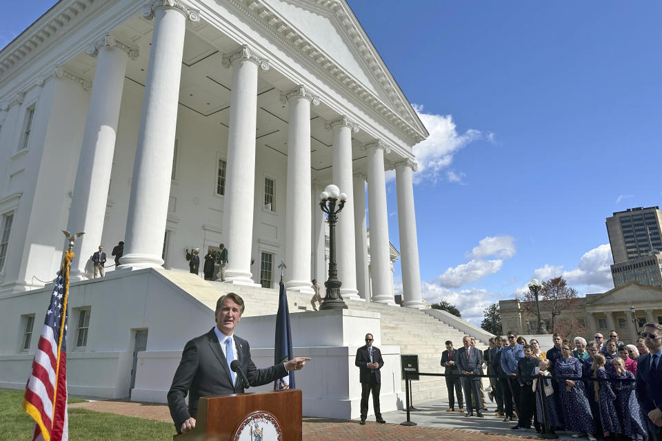 Virginia Gov. Glenn Youngkin speaks at a news conference Thursday, March 7, 2024, in Richmond, Va., about a proposal to relocate the NBA’s Washington Wizards and NHL’s Washington Capitals from Washington to Alexandria. (AP Photo/Sarah Rankin)