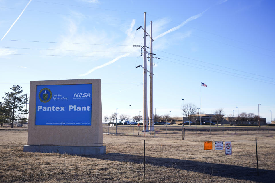 A general view shows the Pantex Plant, Friday, March 1, 2024, in Panhandle, Texas. The plant was briefly shut down during the early part of the Smokehouse Creek Fire on Tuesday, Feb. 27. Climate change increasingly threatens research laboratories, weapons sites and power plants across the nation that handle or are contaminated with radioactive material or perform critical energy and defense research. (AP Photo/Julio Cortez)