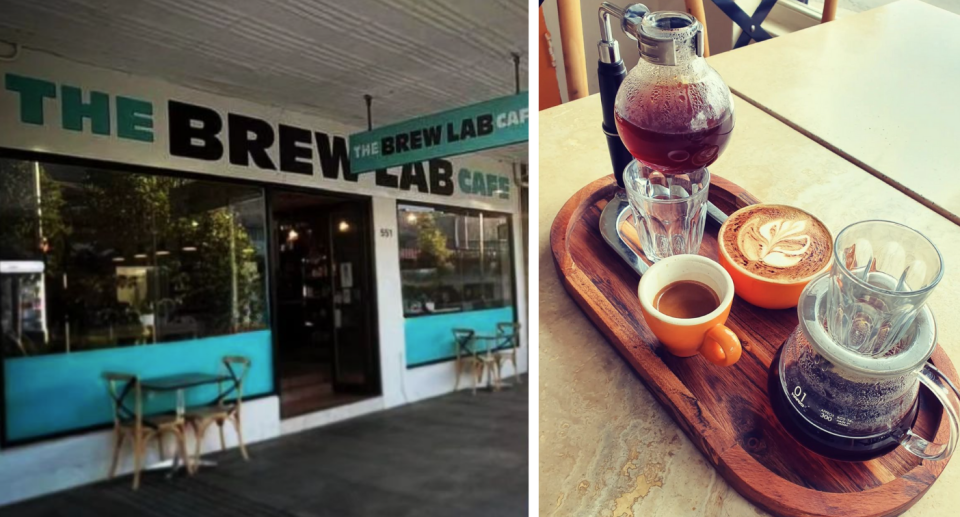 Composite image of exterior of Brew Lab Cafe and a tray with cups of coffee and coffee devices.