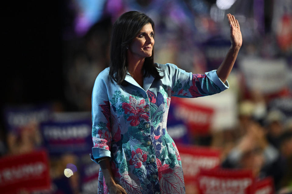  Former U.N. Ambassador and Republican presidential candidate Nikki Haley waves to the crowd after speaking on stage on the second day of the Republican National Convention at the Fiserv Forum on July 16, 2024 in Milwaukee, Wisconsin. (Leon Neal/Getty Images)