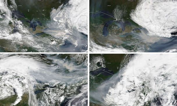 PHOTO: These satellite images from June 6, from top left, June 7, June 25, and June 27, 2023, show the wind movement from wildfire smoke in Quebec, Canada. (NASA Worldview/(EOSDIS) via AP)