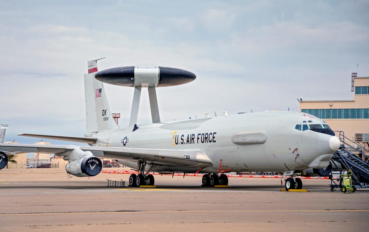 A Boeing 707 AWACS aircraft is prepared for flight recently at Tinker Air Force Base.
