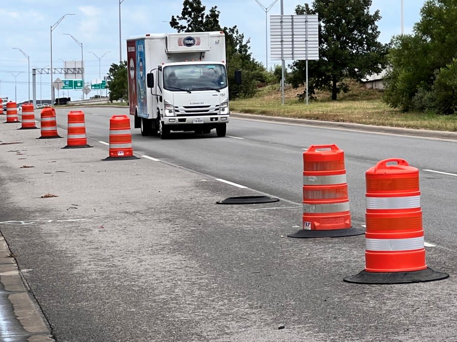 TxDOT said this lane on the East Ben White Boulevard frontage road is not safe for travel (KXAN Photo/Mike Rush)