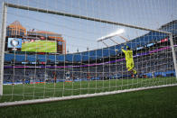 Toronto FC goalkeeper Sean Johnson blocks a Charlotte FC shot during the first half of an MLS soccer match in Charlotte, N.C., Saturday, April 13, 2024. (AP Photo/Nell Redmond)