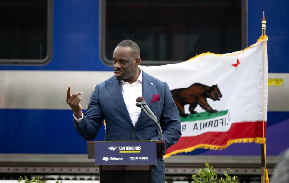 California Transportation Agency Secretary Toks Omishakin speaks during a ceremony to introduce Amtrak’s new Venture passenger cars for its San Joaquins line at the ACE Rail Maintenance Facility in Stockton, Calif., Tuesday, March 5, 2024.