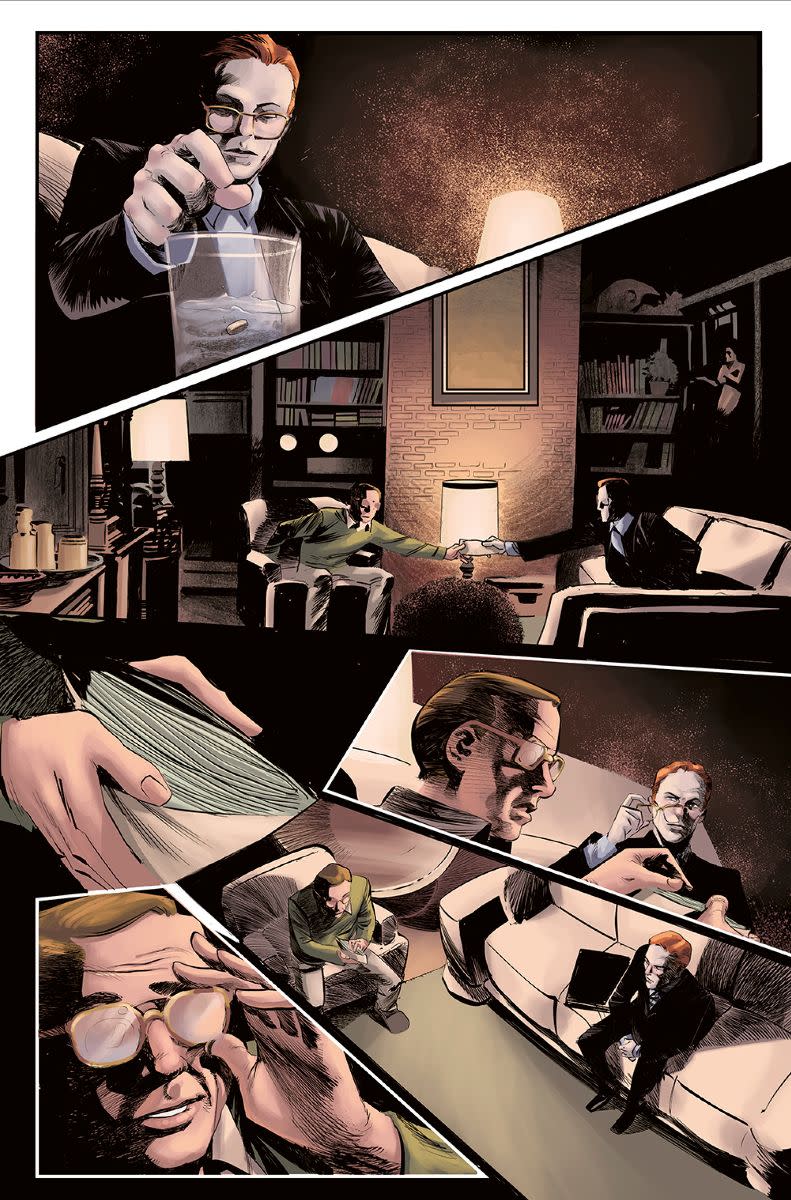 David Bowie's The Man Who Fell To Earth Graphic Novel adaptation - a page from the book showing a man in his room