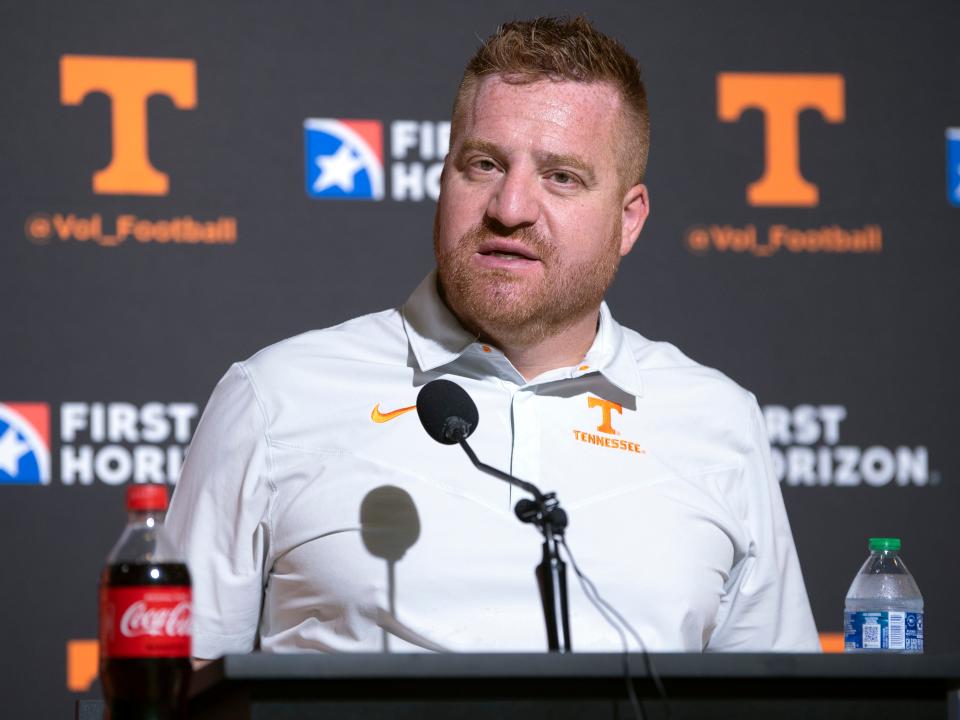 Tennessee football offensive coordinator and tight ends coach Alex Golesh answers questions during media day in Knoxville, Tenn. on Sunday, July 31, 2022. 