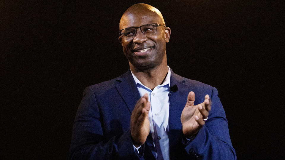 Jamaal Bowman speaks at a watch party as he takes an early lead in the democratic primary for New York's 16th Congressional District in Yonkers, New York, U.S., June 23, 2020. (Lucas Jackson/Reuters)